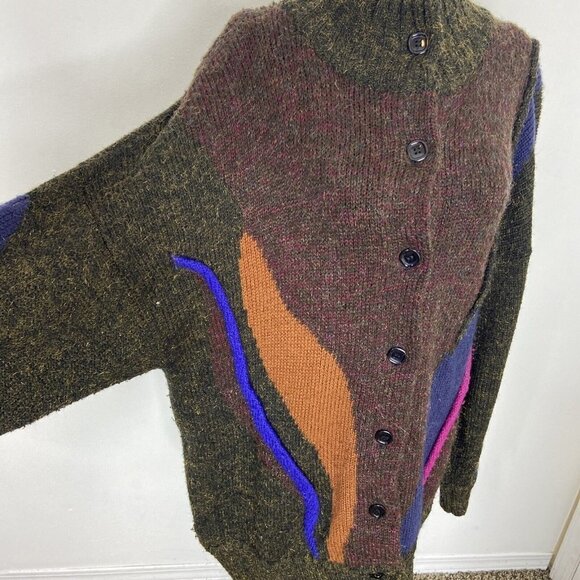 Vintage Hudson Bay 80s Wool Knit Long Textured Cardigan 3D Textured Mod Loud L - Picture 5 of 10